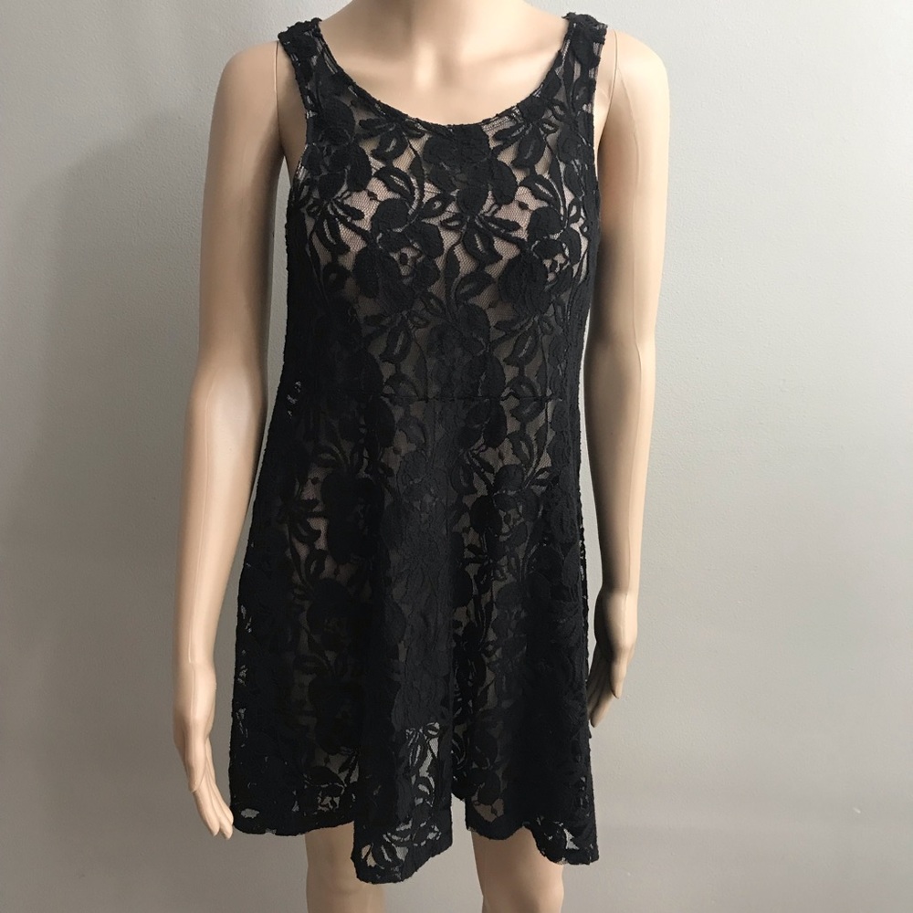 Free people mini lace dress black tan Sz XS